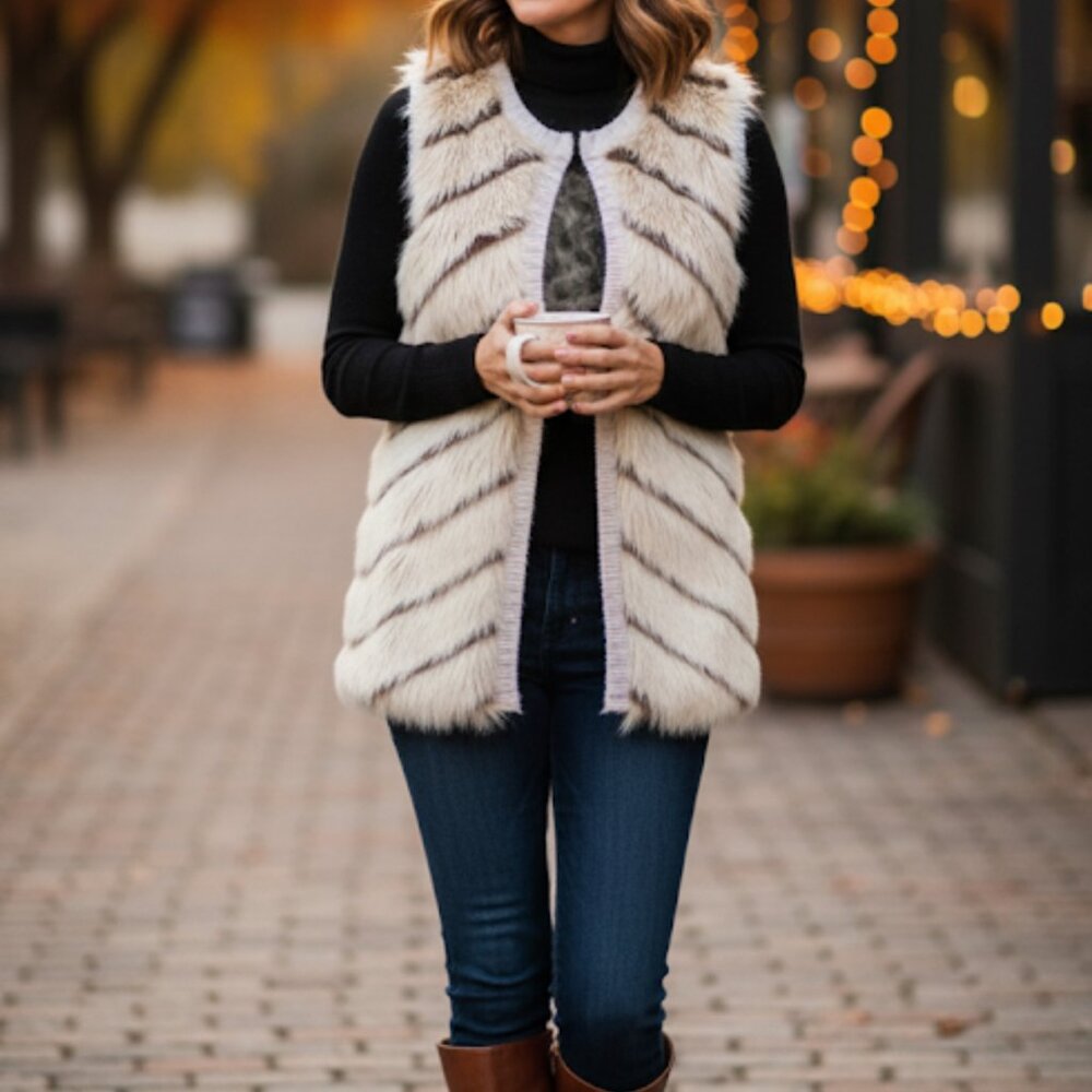 ✨ Eyeshadow Faux Fur Vest – Cream & Gray Chevron Stripe – Size Large – Cozy Chic